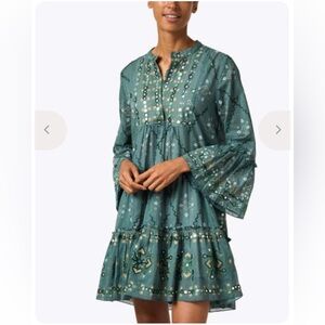 Juliet Dunn Green Mosaic Mirror Embroidered Flare Bell Sleeve Dress Oversized 2